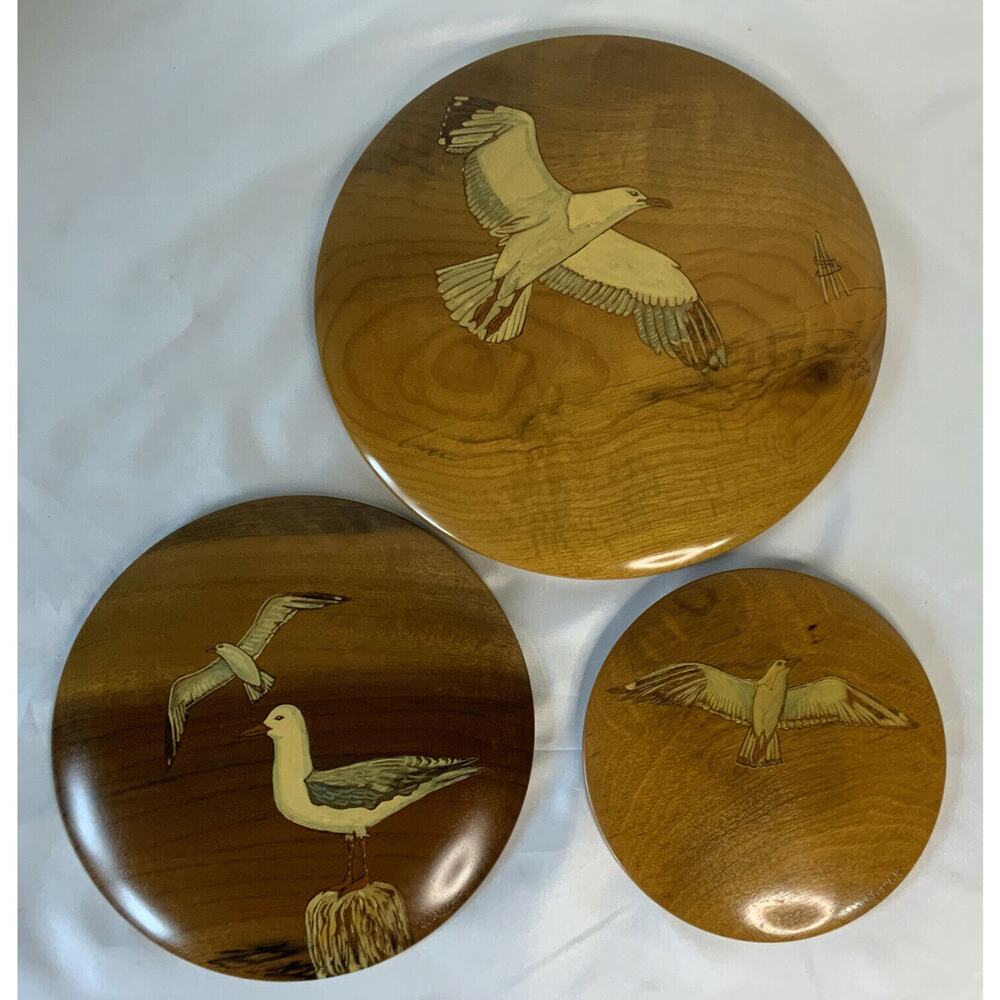 Wall Art Plaques MyrtleWood Oregon Sea Birds Round HandPainted  Lot Of 3 Vintage